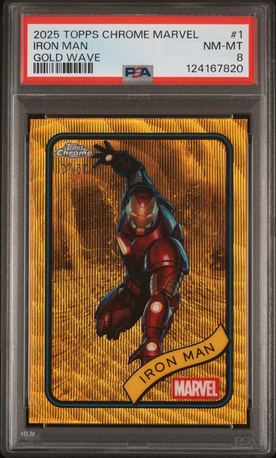 Sports Topps 2025 Topps Chrome Marvel Gold Wave Iron Man #1 /80 PSA 8