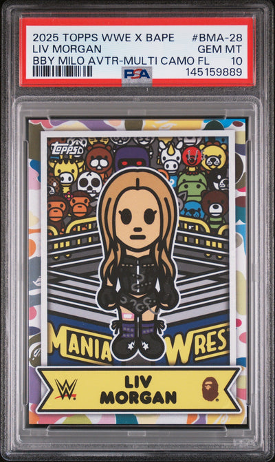 WWE Wrestling Topps 2025 Topps WWE X Bape Baby Milo Avatar Multi Camo Foil Liv Morgan #Bma-28 PSA 10