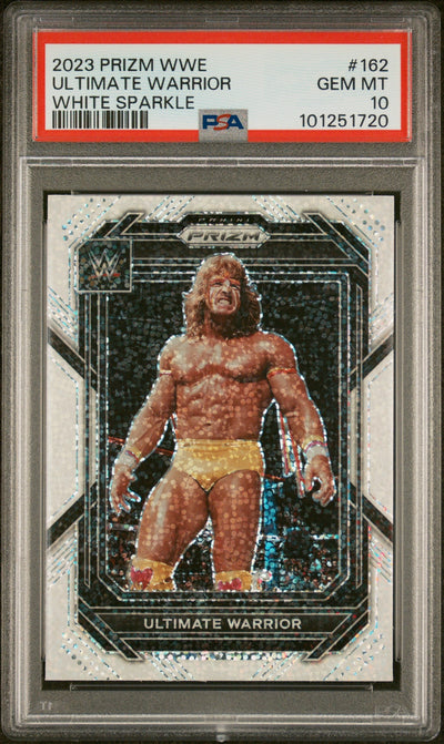 WWE Wrestling Panini 2023 Panini Prizm WWE White Sparkle Ultimate Warrior #162 PSA 10
