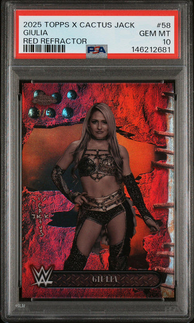 WWE Wrestling Topps 2025 Topps Chrome WWE X Cactus Jack Red Refractor Giulia #58 /5 PSA 10