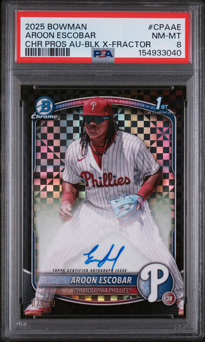 Baseball Bowman 2025 Chrome Prospect Autographs Black X-Fractors Aroon Escobar #Cpaae /10 PSA 8