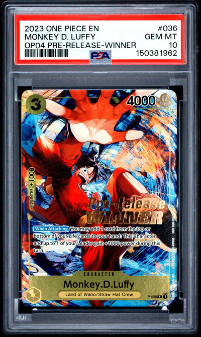 One Piece TCG Bandai 2023 One Piece Kingdoms Of Intrigue Prerelease Winner Monkey D. Luffy #P-036 PSA 10