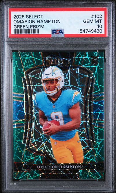 Football Panini 2025 Panini Select Prizm Green Omarion Hampton #102 /15 PSA 10