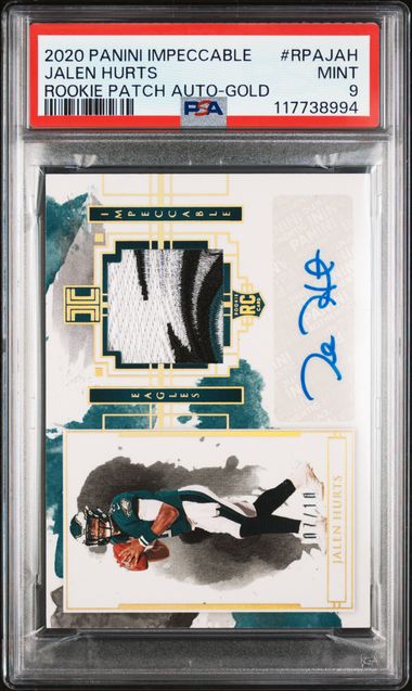 Sports Panini Jalen Hurts 2020 Panini Impeccable RPA Gold #'D 07/10 PSA 9