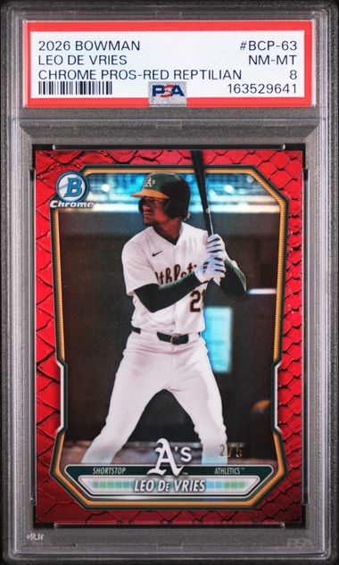 Baseball Bowman Leo De Vries 2026 Bowman Chrome Prospects Red Reptilian #'D 2/5 PSA 8