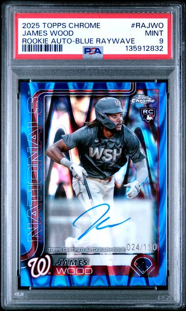 Baseball Topps James Wood 2025 Topps Chrome Rookie Autograph Blue Raywave #'D 024/150 PSA 9