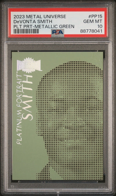 Sports Devonta Smith 2023 Skybox Metal Universe Platinum Portraits Metallic Green PSA 10