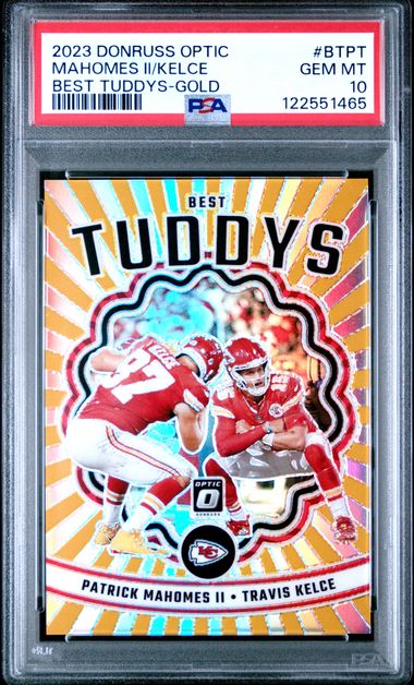 Sports Patrick Mahomes Ii / Travis Kelce 2023 Donruss Optic Best Tuddys Gold #’D 03/10 PSA 10