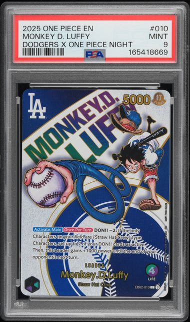 One Piece TCG Monkey D. Luffy 2025 One Piece Dodgers X One Piece Night Promo #010 PSA 9