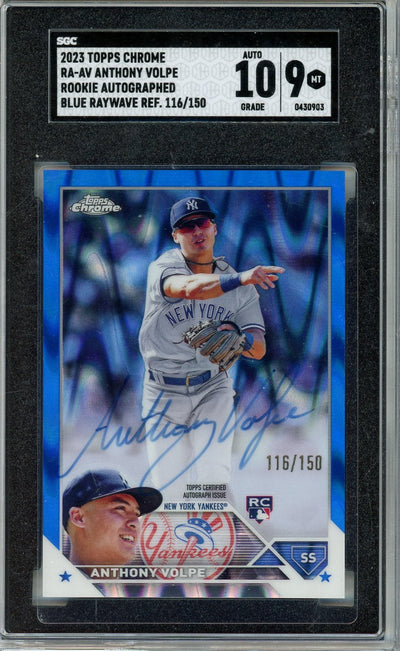 Baseball Topps Anthony Volpe 2023 Topps Chrome Rookie Autograph Blue Raywave #'D 116/150 SGC 9 / Auto 10