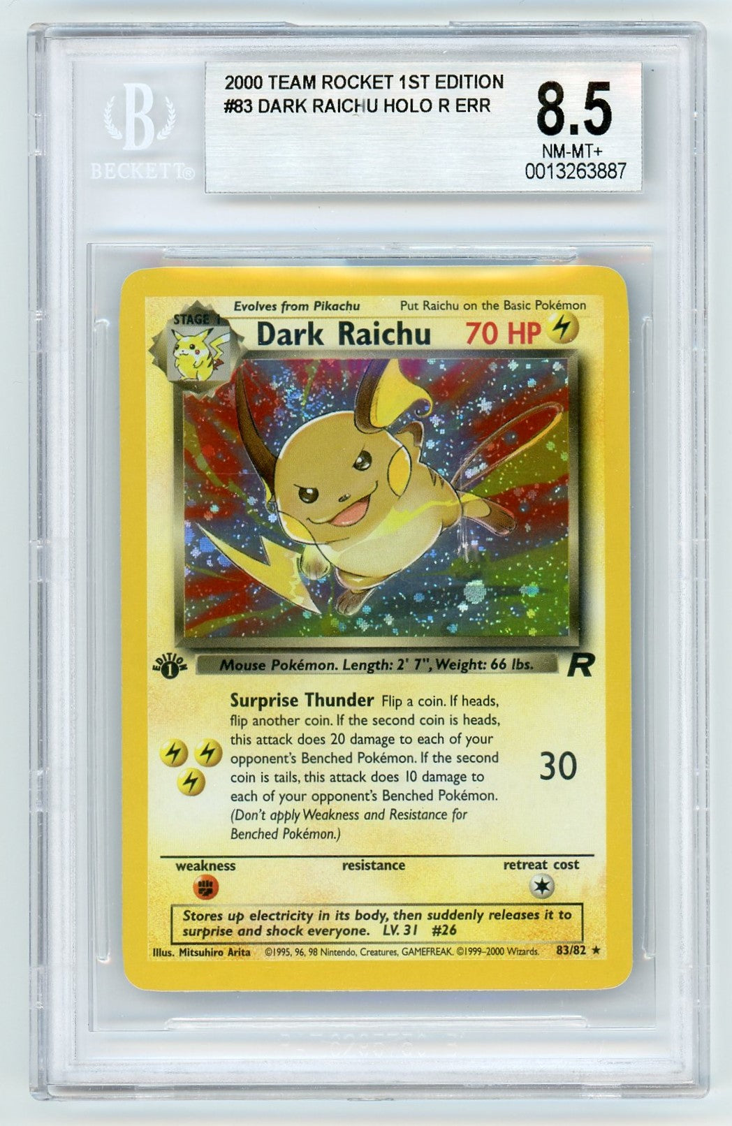 BGS 8.5 (Nm-Mt+) Dark Raichu Holo (Error) - 2000 Pokemon Team Rocket 1St Edition (#0013263887)