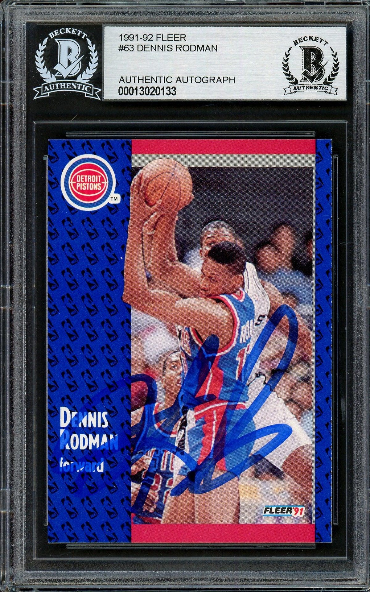 Dennis Rodman Autographed 1991-92 Fleer Card #63 Detroit Pistons Beckett Bas Stock #195015