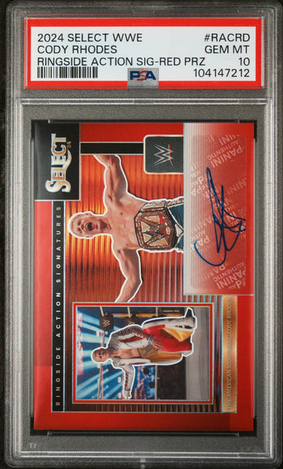 WWE Wrestling Panini 2024 Panini Select WWE Ringside Action Signatures Ringside Action Sig-Red Prz Cody Rhodes #Racrd /99 PSA 10