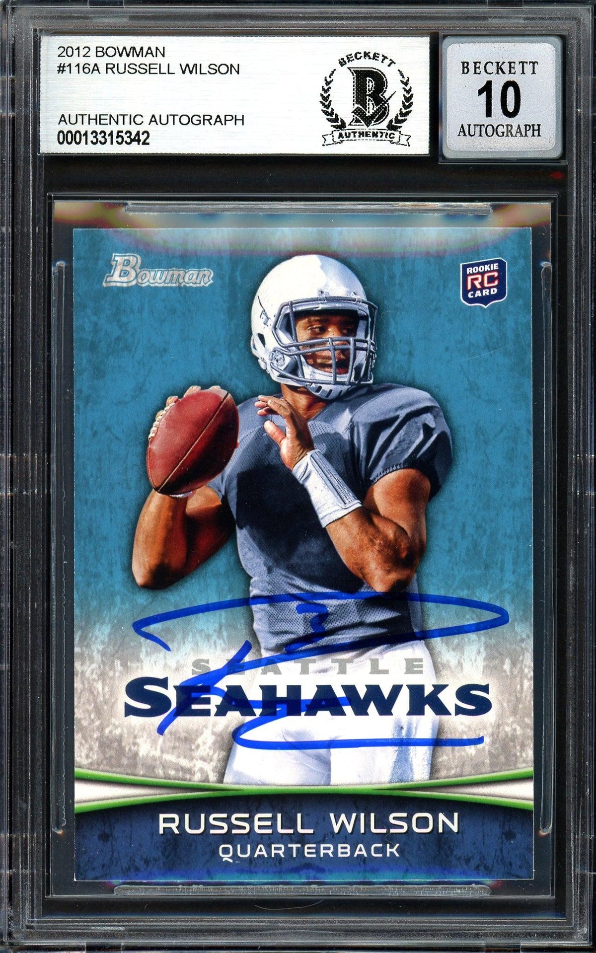 Russell Wilson Autographed 2012 Bowman Rookie Card #116 Seattle Seahawks Auto Grade Gem Mint 10 Beckett Bas #13315342