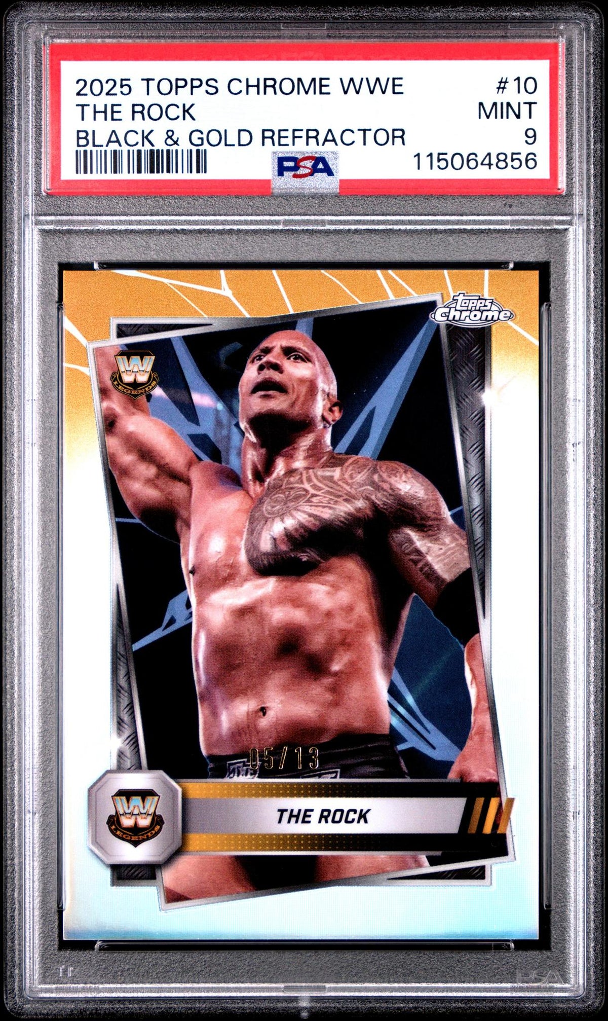WWE Wrestling Topps 2025 Topps Chrome WWE Black & Gold Refractor The Rock #10 /113 PSA 9