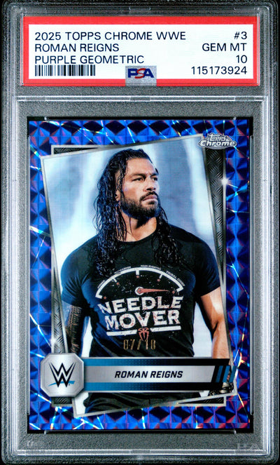 WWE Wrestling Topps 2025 Topps Chrome WWE Purple Geometric Roman Reigns #3 /10 PSA 10
