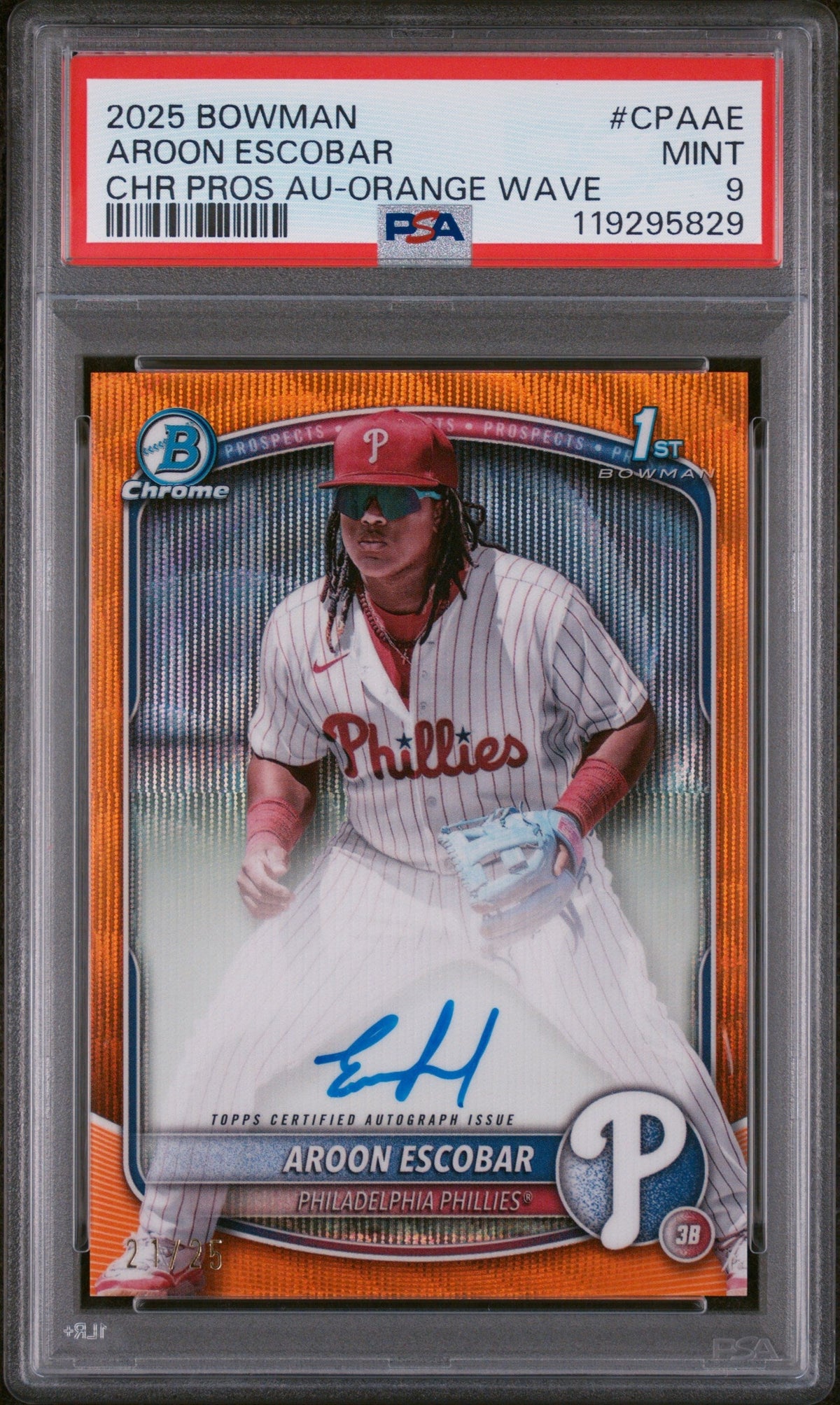 Baseball Bowman 2025 Bowman Chrome Prospect Autographs Orange Wave Aroon Escobar #Cpaae /25 PSA 9