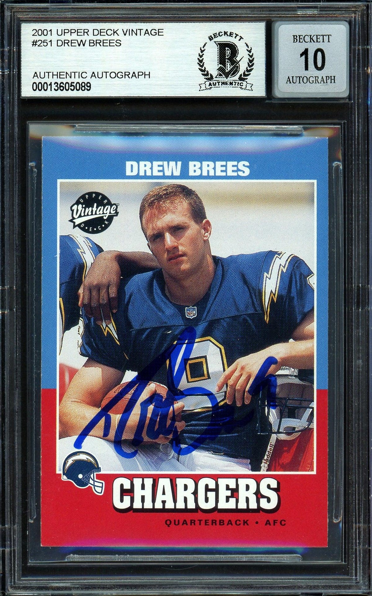 Drew Brees Autographed 2001 Upper Deck Vintage Rookie Card #251 San Diego Chargers Auto Grade Gem Mint 10 Beckett Bas #13605089