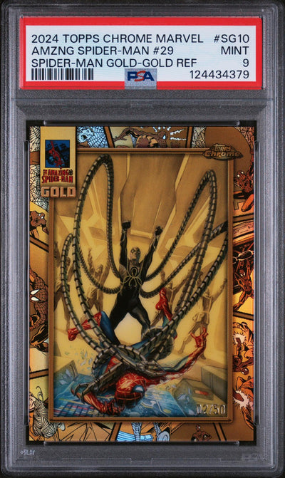 Sports Topps 2024 Topps Chrome Marvel Spider-Man Gold Spider-Man Gold-Gold Ref Amzng Spider Man #Sg10 /50 PSA 9
