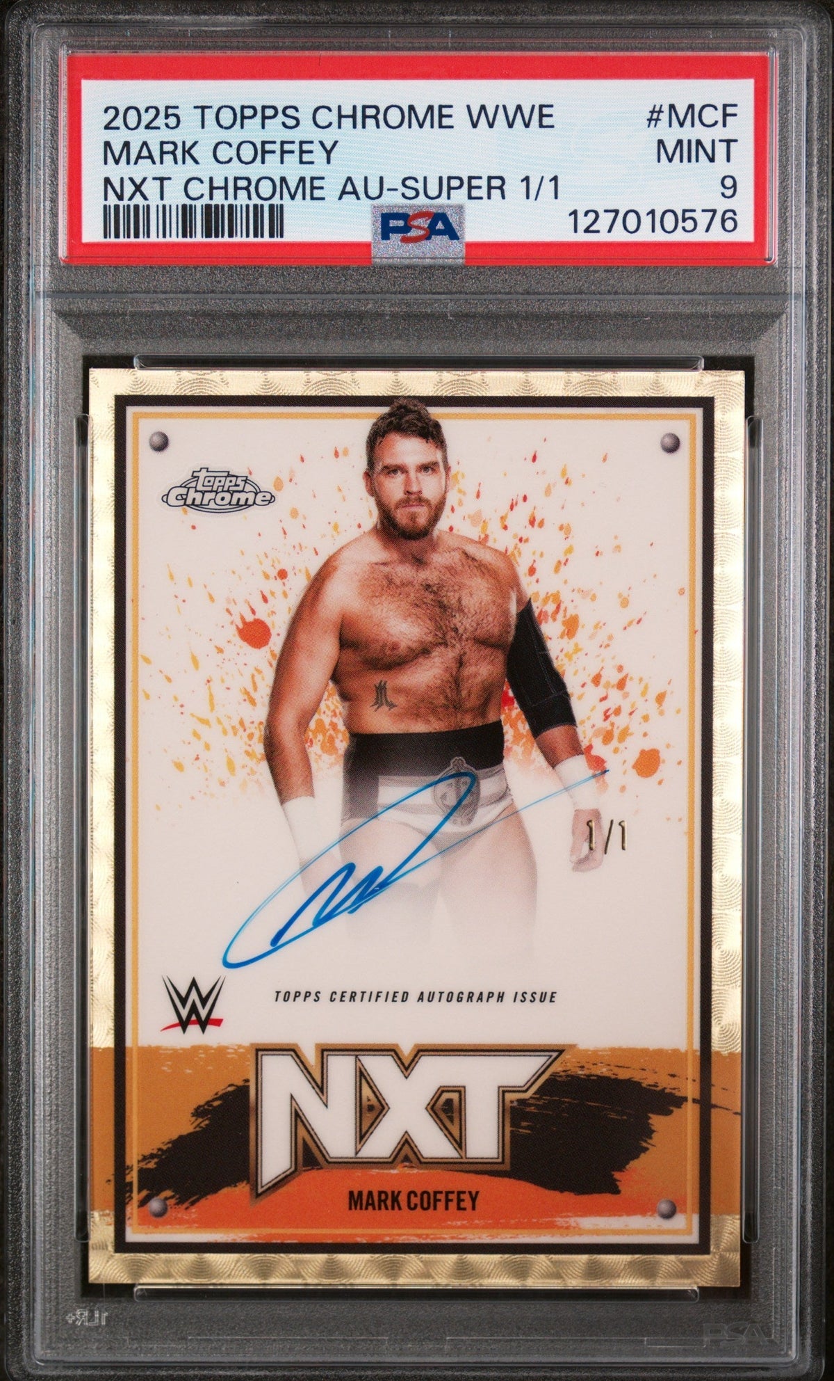 WWE Wrestling Topps 2025 Topps Chrome Nxt Chrome Autographs Superfractor 1/1 Mark Coffey #Mcf PSA 9