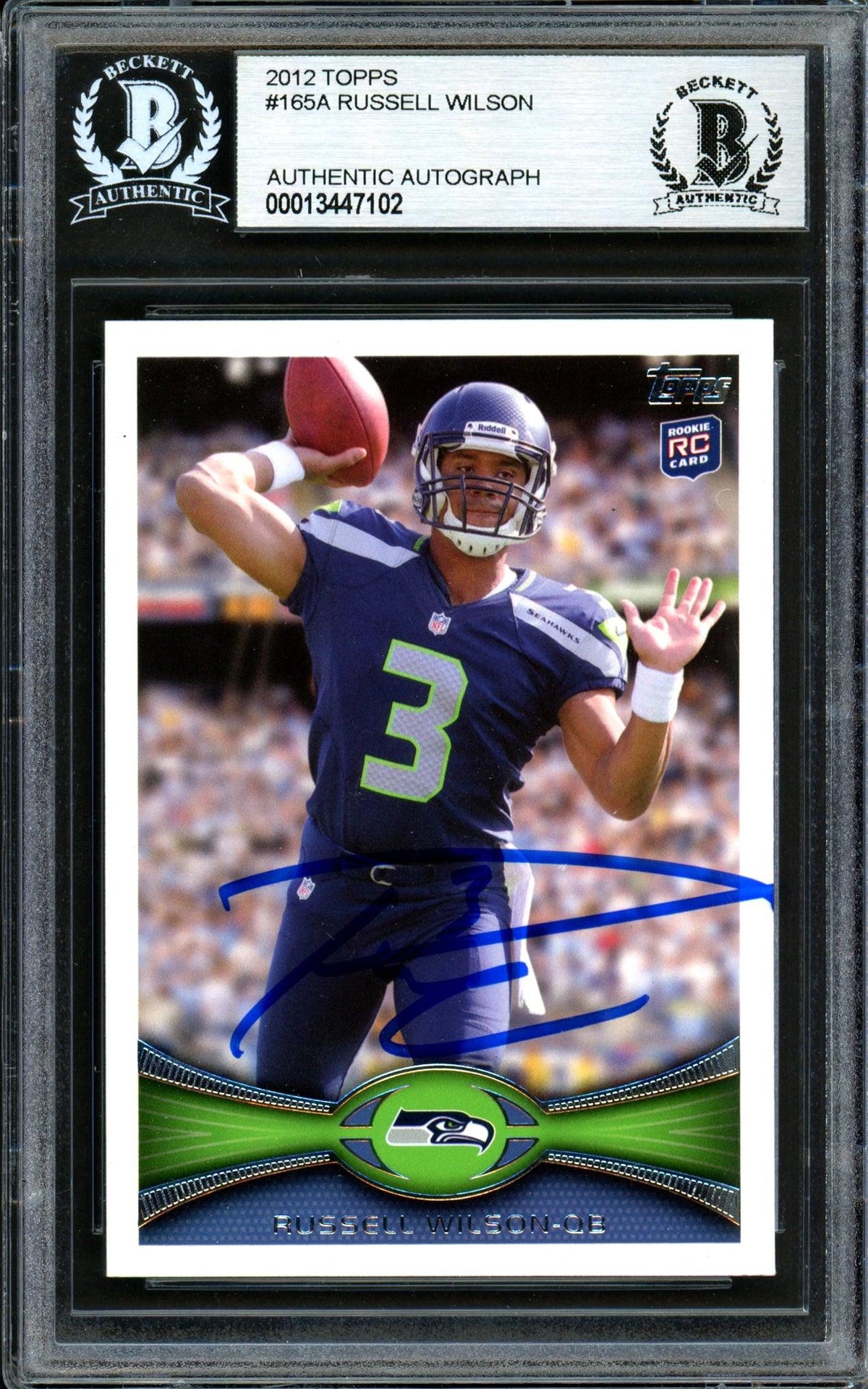 Russell Wilson Autographed 2012 Topps Rookie Card #165 Seattle Seahawks Beckett Bas #13447102