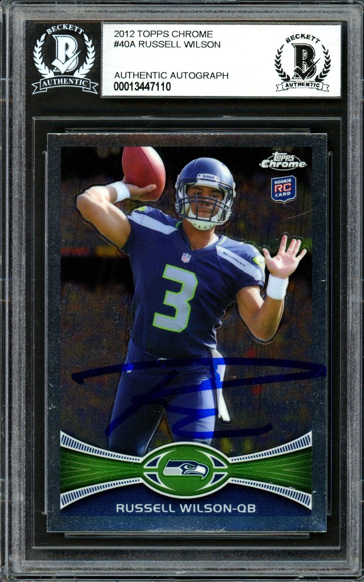 Russell Wilson Autographed 2012 Topps Chrome Rookie Card #40 Seattle Seahawks Beckett Bas #13447110