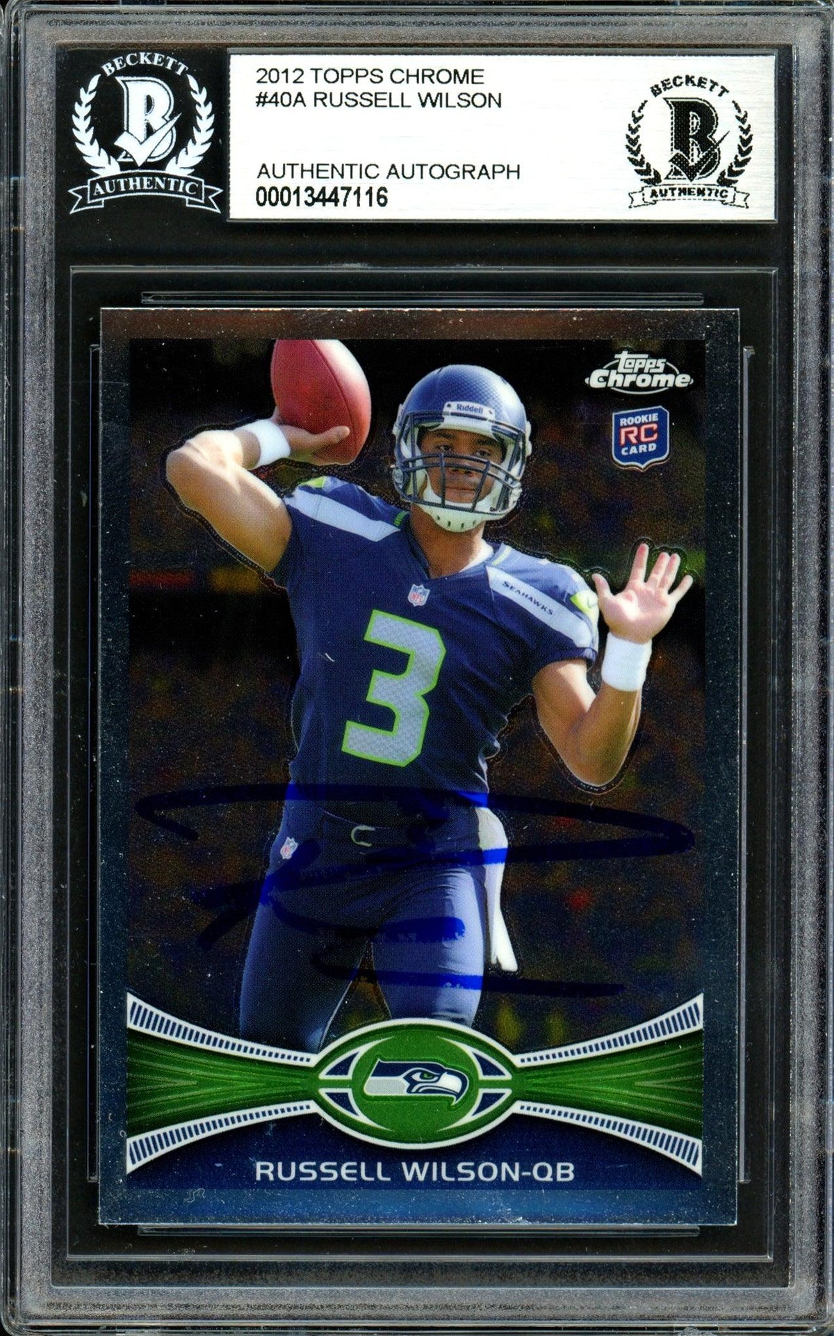 Russell Wilson Autographed 2012 Topps Chrome Rookie Card #40 Seattle Seahawks (Bubbling) Beckett Bas #13447116