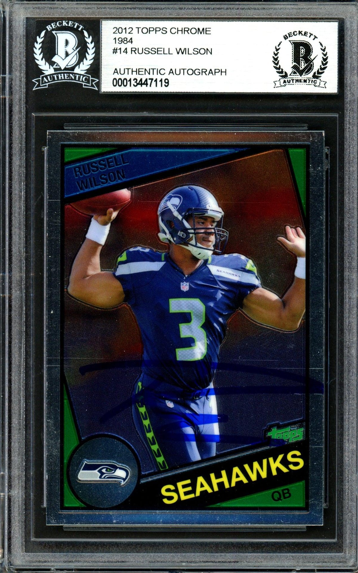 Russell Wilson Autographed 2012 Topps Chrome Rookie Card #14 Seattle Seahawks Beckett Bas #13447119