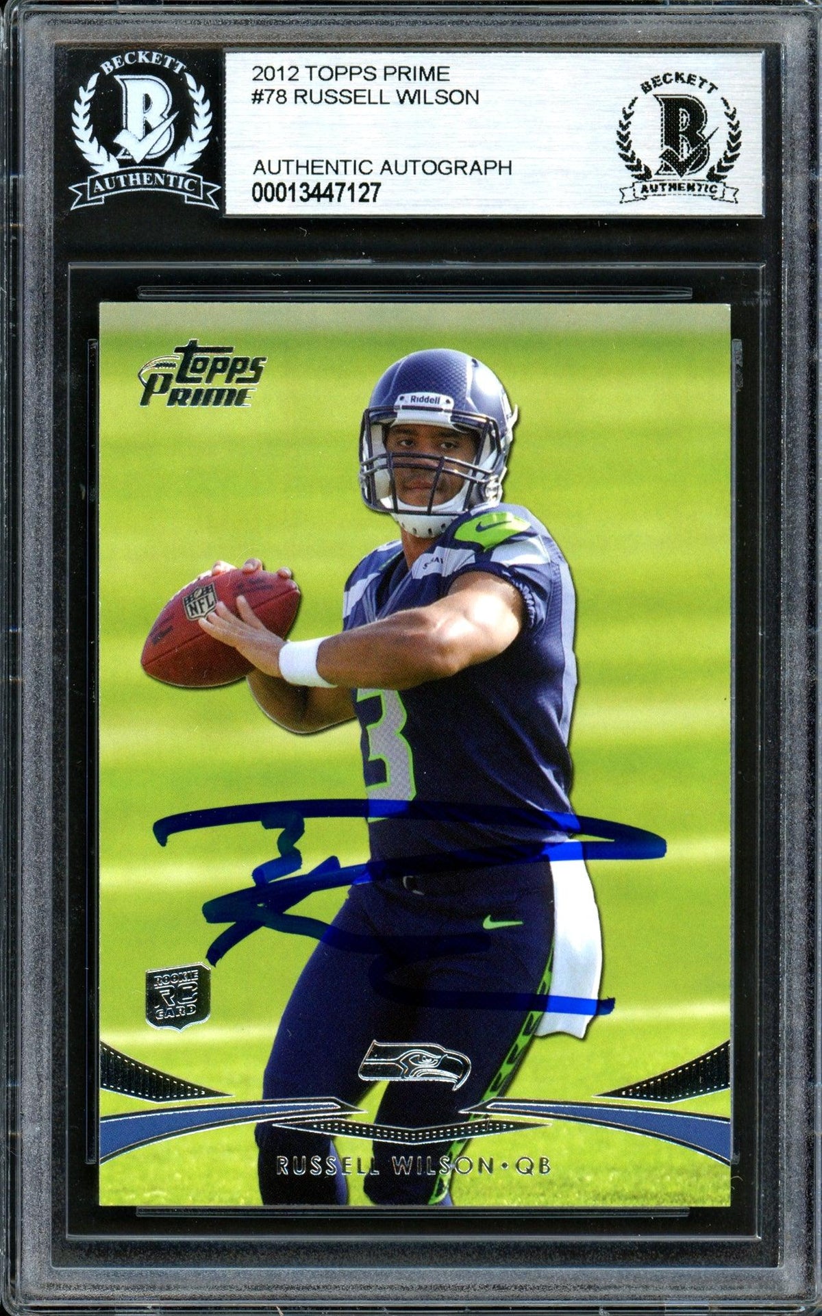 Russell Wilson Autographed 2012 Topps Prime Rookie Card #78 Seattle Seahawks Beckett Bas #13447127