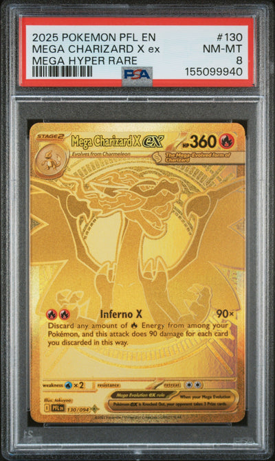 Pokémon Panini 2025 Pokemon Mega Evolution Phantasmal Flames Mega Hyper Rare Mega Charizard X EX #130 PSA 8