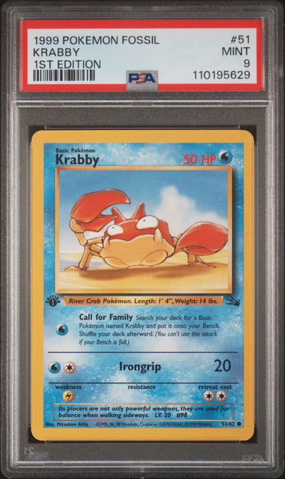Pokémon Panini 1999 Pokemon Fossil 1st Edition Krabby #51 PSA 9