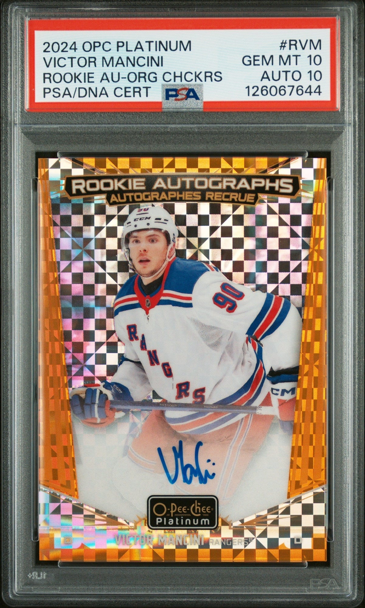 Hockey Upper Deck 2024 Upper Deck O-Pee-Chee Platinum Rookie Autographs Orange Checkers Victor Mancini #Rvm /15 PSA 10