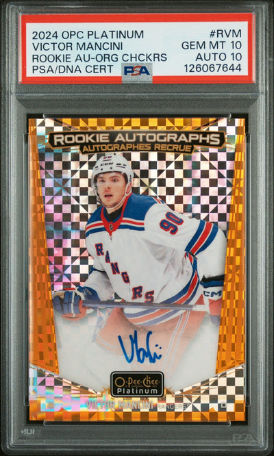Hockey Upper Deck 2024 Upper Deck O-Pee-Chee Platinum Rookie Autographs Orange Checkers Victor Mancini #Rvm /15 PSA 10