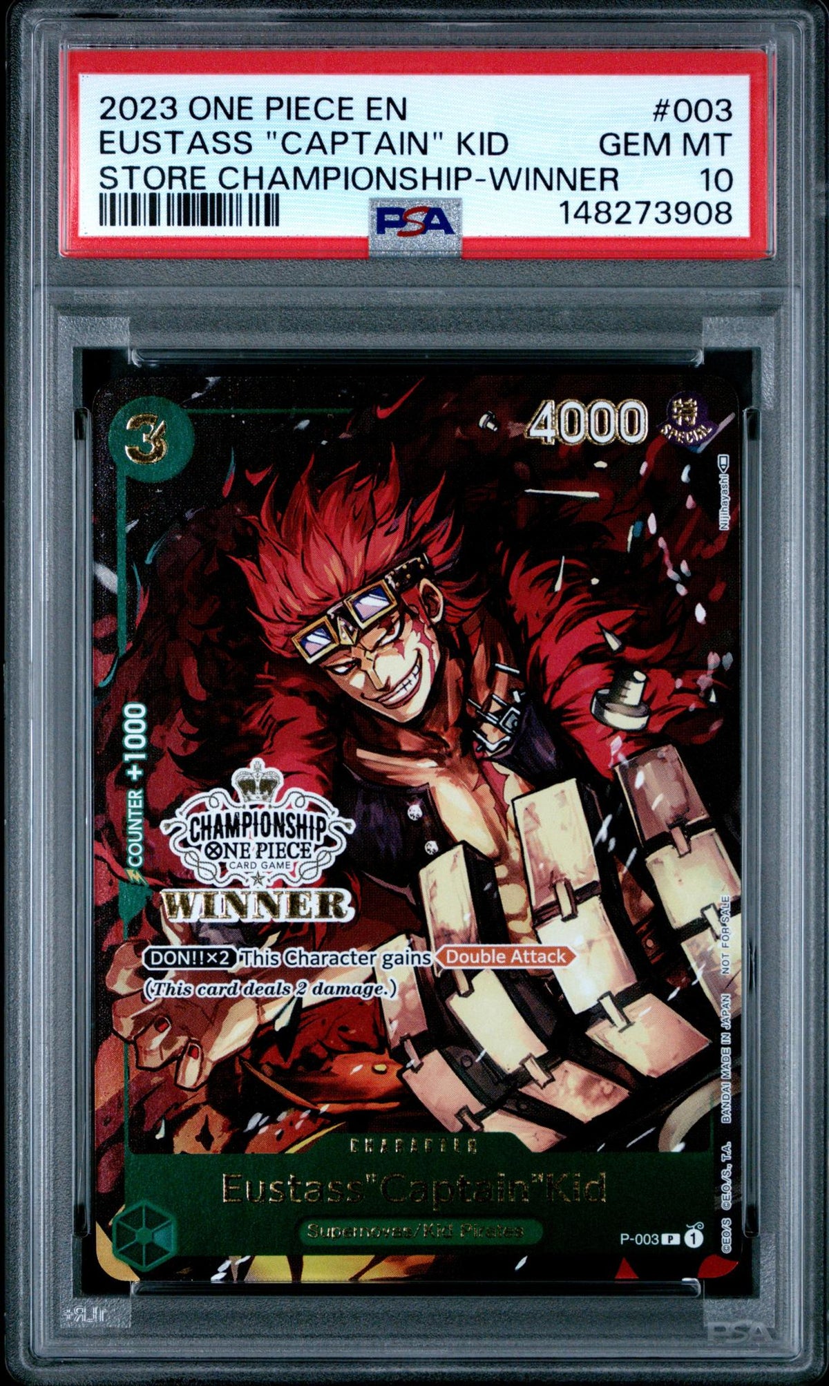 One Piece TCG Bandai 2023 One Piece Promos Store Championship Winner Eustass "Captain" Kid #P-003 PSA 10