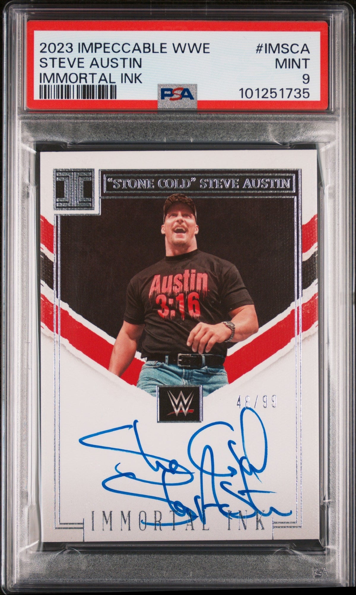 WWE Wrestling Panini 2023 Panini Impeccable WWE Immortal Ink Stone Cold Steve Austin #Imsca /99 PSA 9