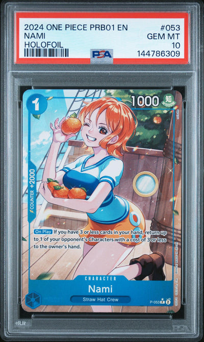 One Piece TCG Bandai 2024 One Piece Premium Booster Card Japanese Holofoil Nami #Po53 PSA 10