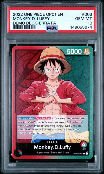 Pokémon Panini 2022 One Piece Op01-Romance Dawn Demo Deck-Errata Monkey D. Luffy #003 PSA 10