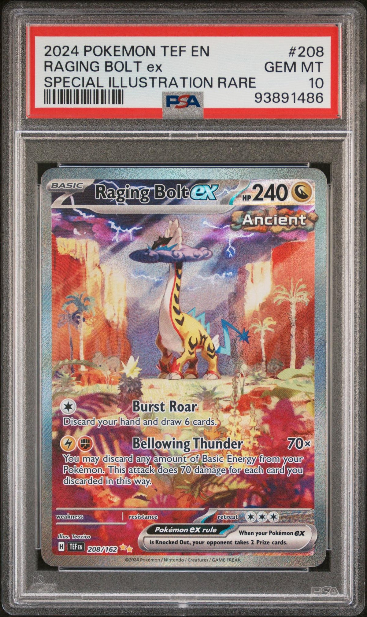 Pokémon Panini 2024 Pokemon Scarlet And Violet Temporal Forces Special Illustration Rare Raging Bolt EX #208 PSA 10