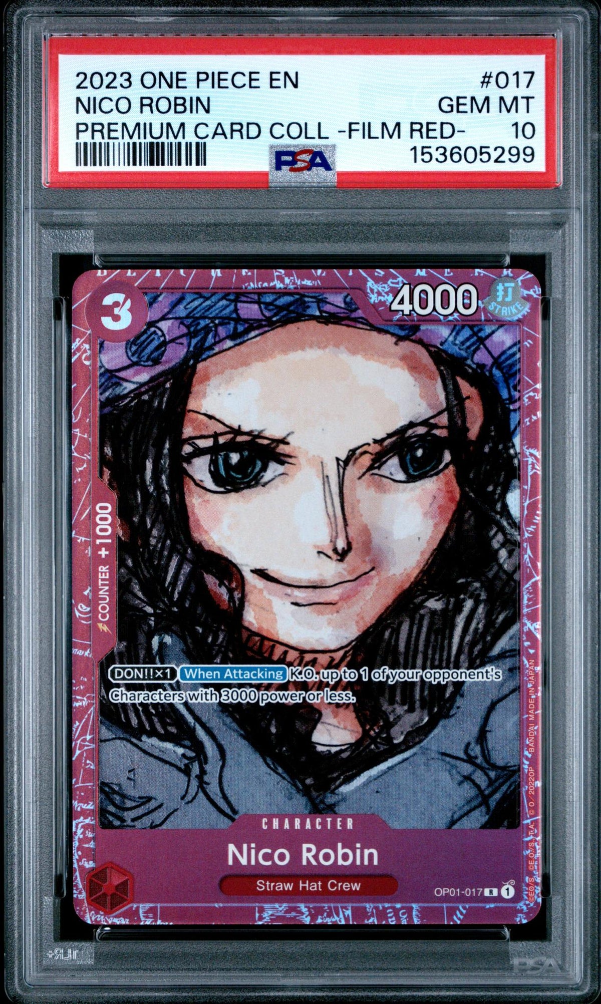 One Piece TCG 2023 Premium Collection Film Red (Foil) English Alt. Art Parallel Foil Nico Robin #Op01-017 PSA 10
