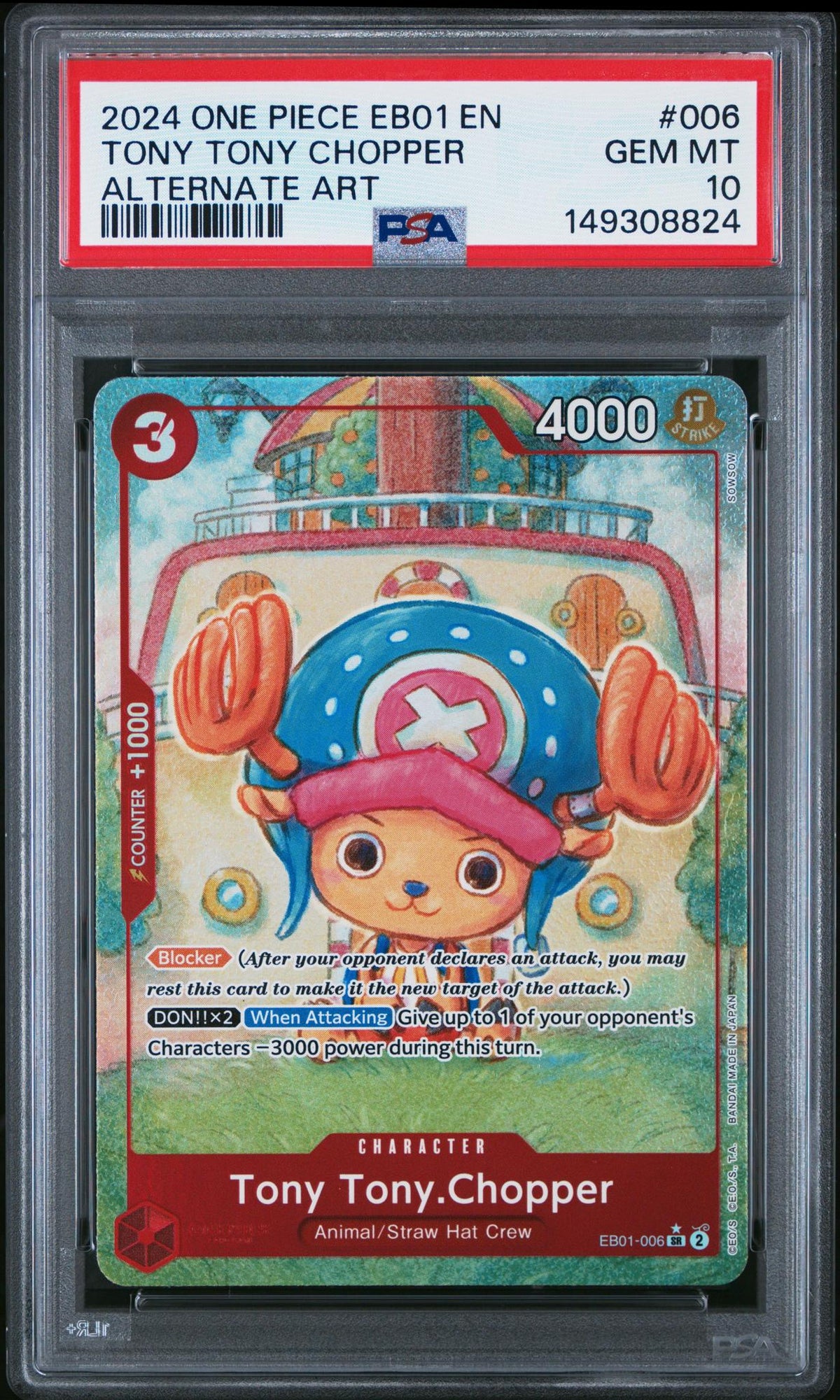 One Piece TCG Bandai 2024 Memorial Collection (Eb01) English (Borderless) Alt Art Tony Tony Chopper #Eb01-006 PSA 10
