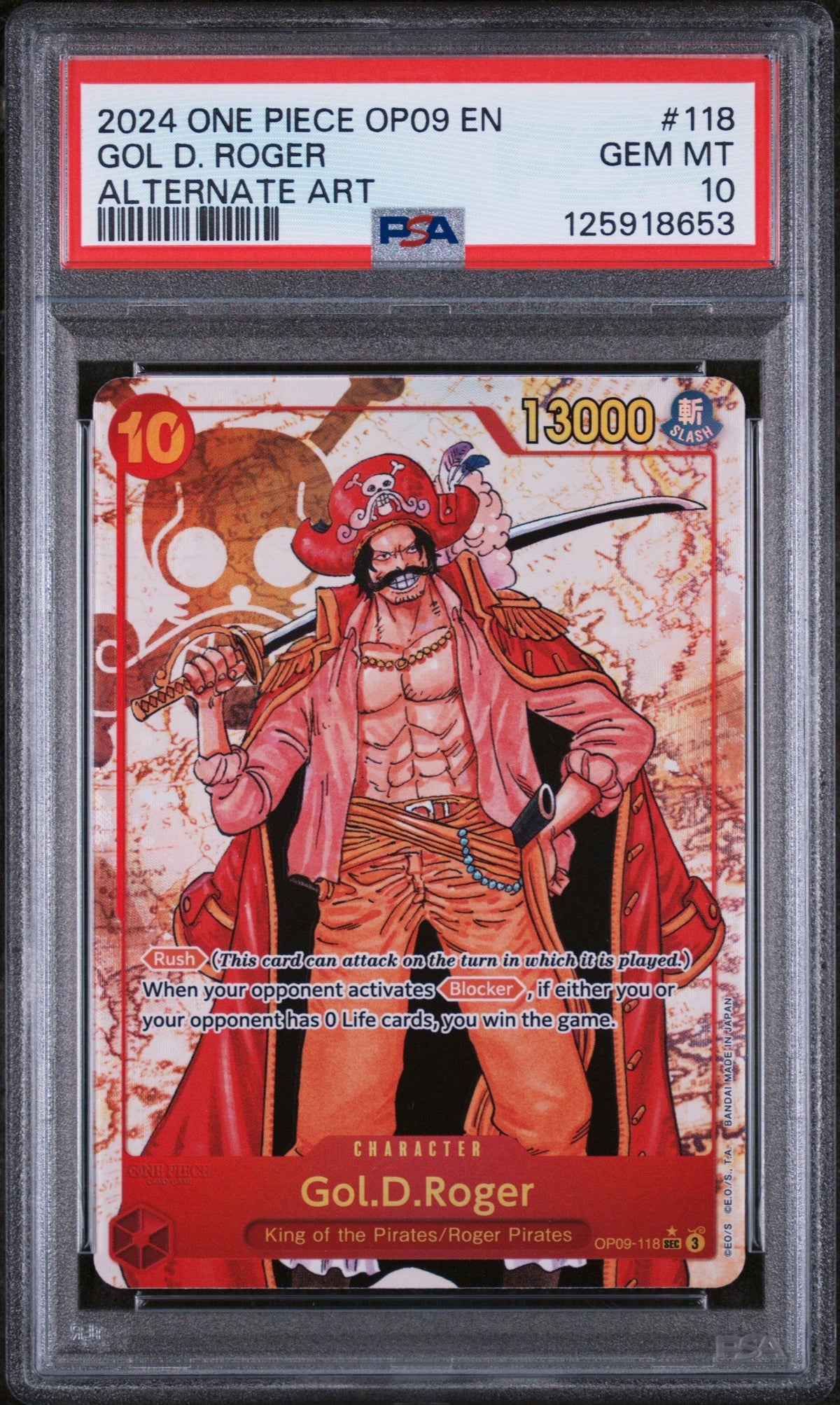 One Piece TCG Bandai 2024 One Piece Emperors In The New World Alternate Art Gol D. Roger #Op09-118 PSA 10