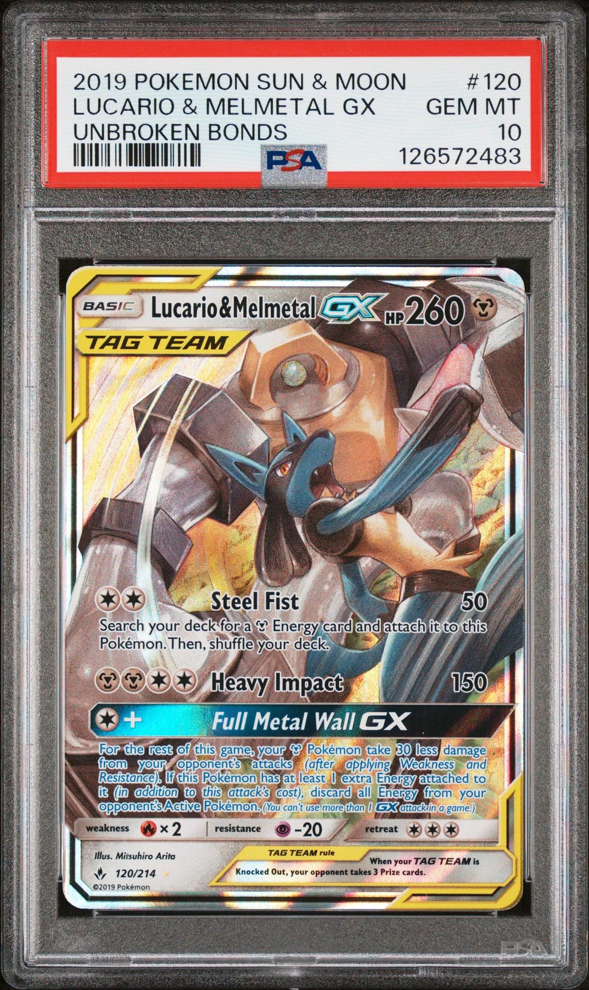 Pokémon Panini 2019 Pokemon Sun And Moon Unbroken Bonds Lucario/Melmetal GX #120 PSA 10