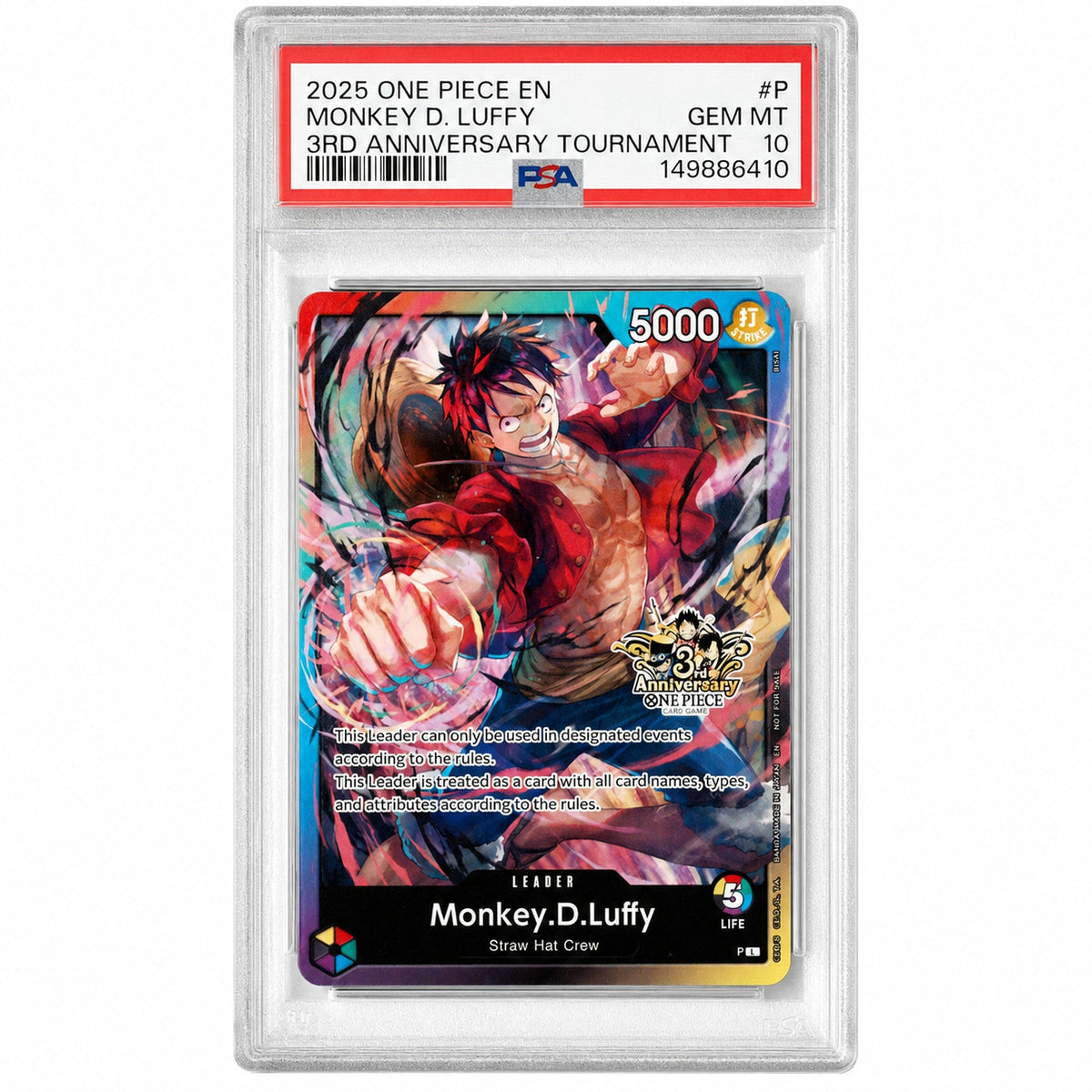 One Piece TCG Bandai 2025 One Piece Tournament Promo 3rd Anniversary Tournament Monkey D. Luffy #P PSA 10