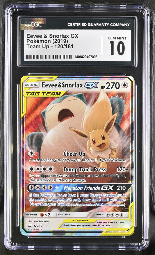 Pokémon 2019 Pokemon #120/181 Eevee & Snorlax GX Team Up CGC 10