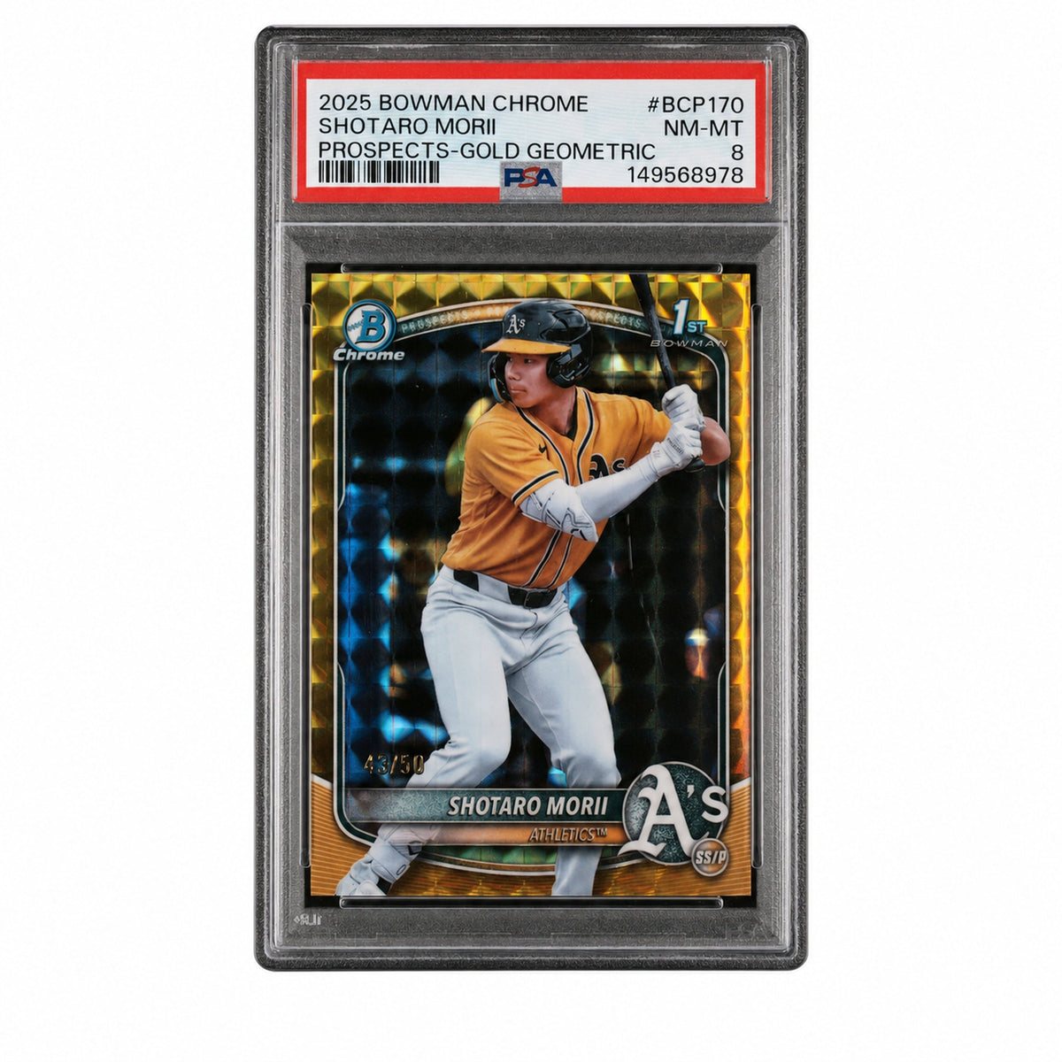 UFC MMA Topps 2025 Chrome Prospects Gold Geometric Refractors Shotaro Morii #Bcp170 /50 PSA 8