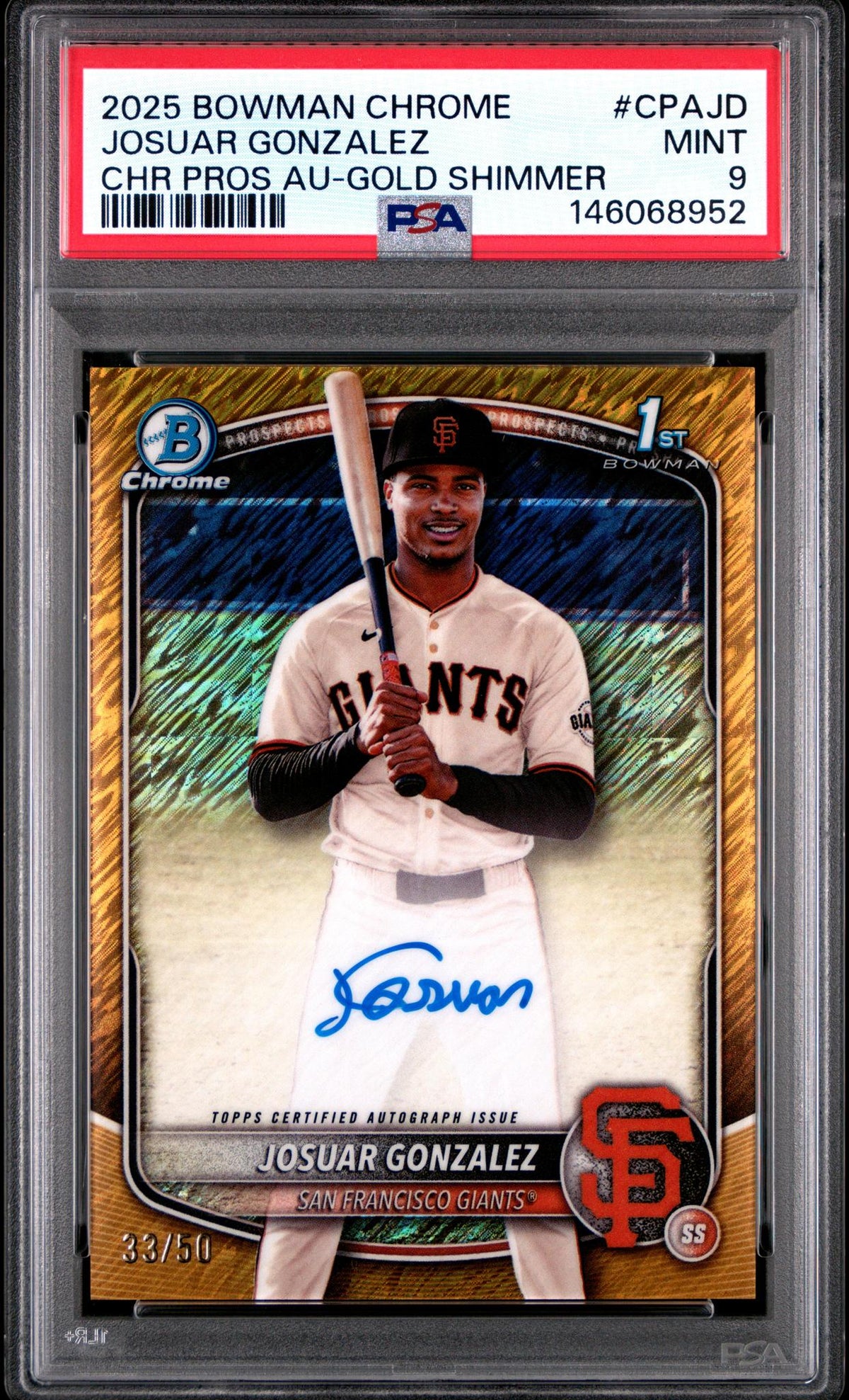 Baseball Bowman 2025 Bowman Chrome Prospect Autograph Gold Shimmer Refractor Josuar Gonzalez #Cpajd /50 PSA 9