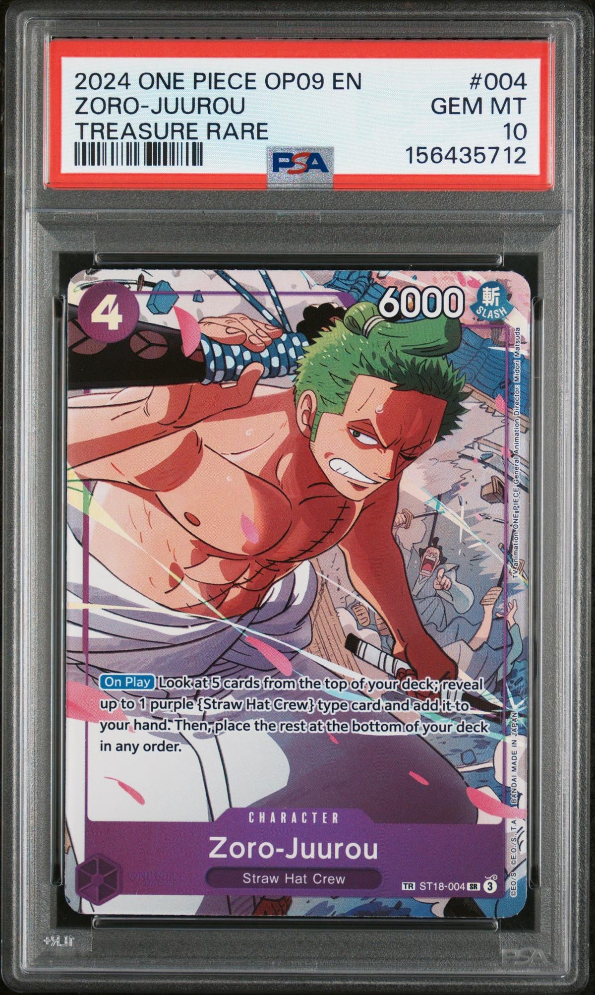 One Piece TCG Bandai 2024 One Piece Emperors In The New World Treasure Rare Zoro Juurou #St18004 PSA 10
