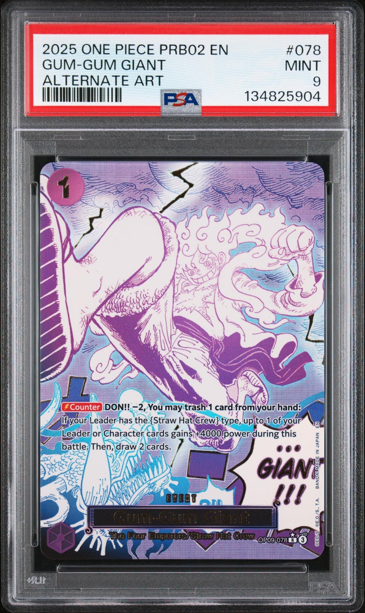 One Piece TCG Bandai 2025 One Piece The Best Premium Booster Volume 2 Alternate Art Gum Gum Giant #Op09-078 PSA 9