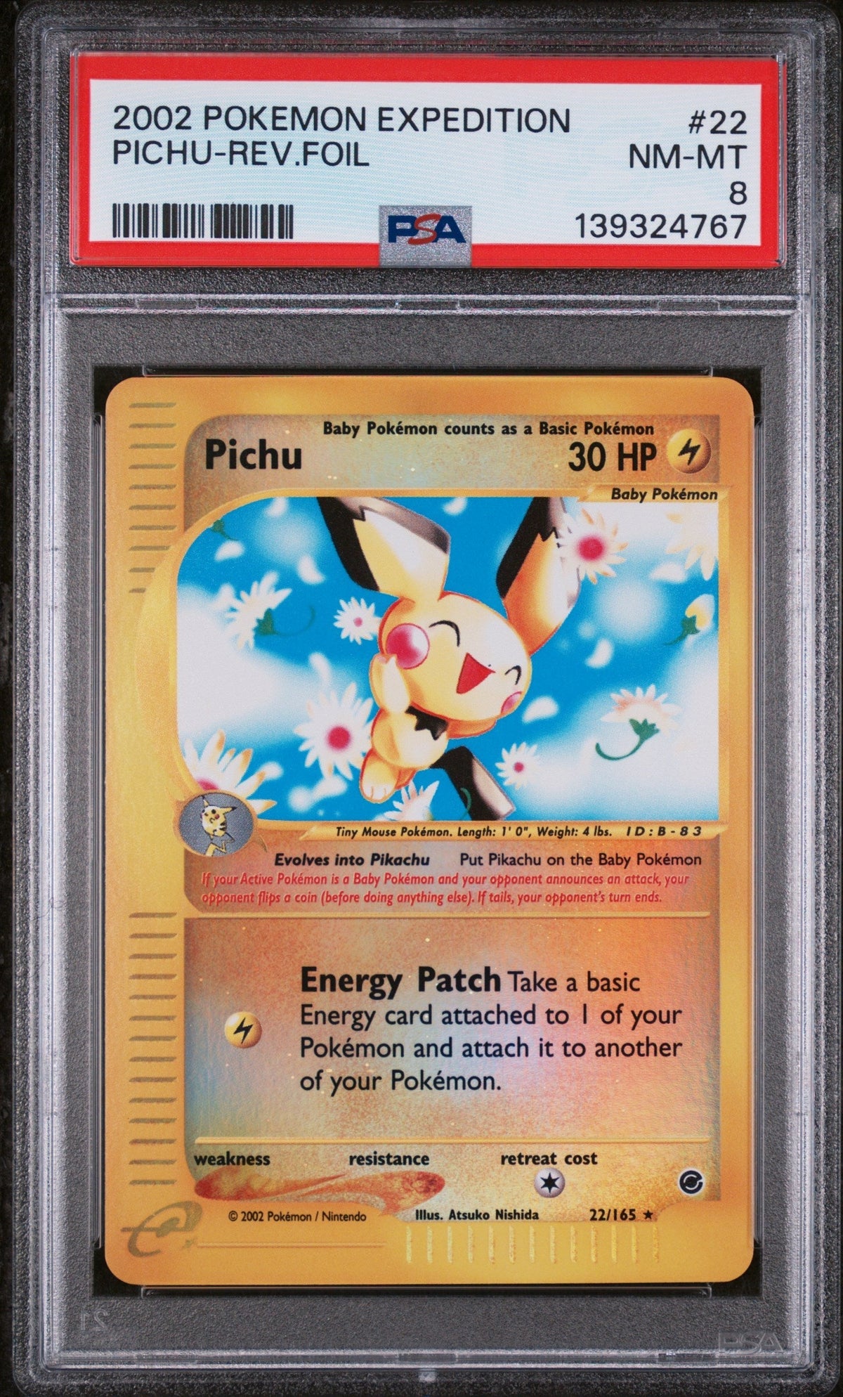 Pokémon 2002 Pokemon Expedition Reverse Holo Pichu #22 /165 PSA 8