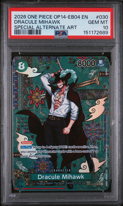 One Piece TCG 2026 One Piece The Azure Sea’S Seven Special Alternate Art Dracule Mihawk #Op12-030 PSA 10